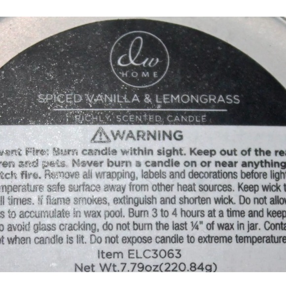 DW HOME CANDLE SPICED VANILLA LEMONGRASS SCENTED - Picture 3 of 3